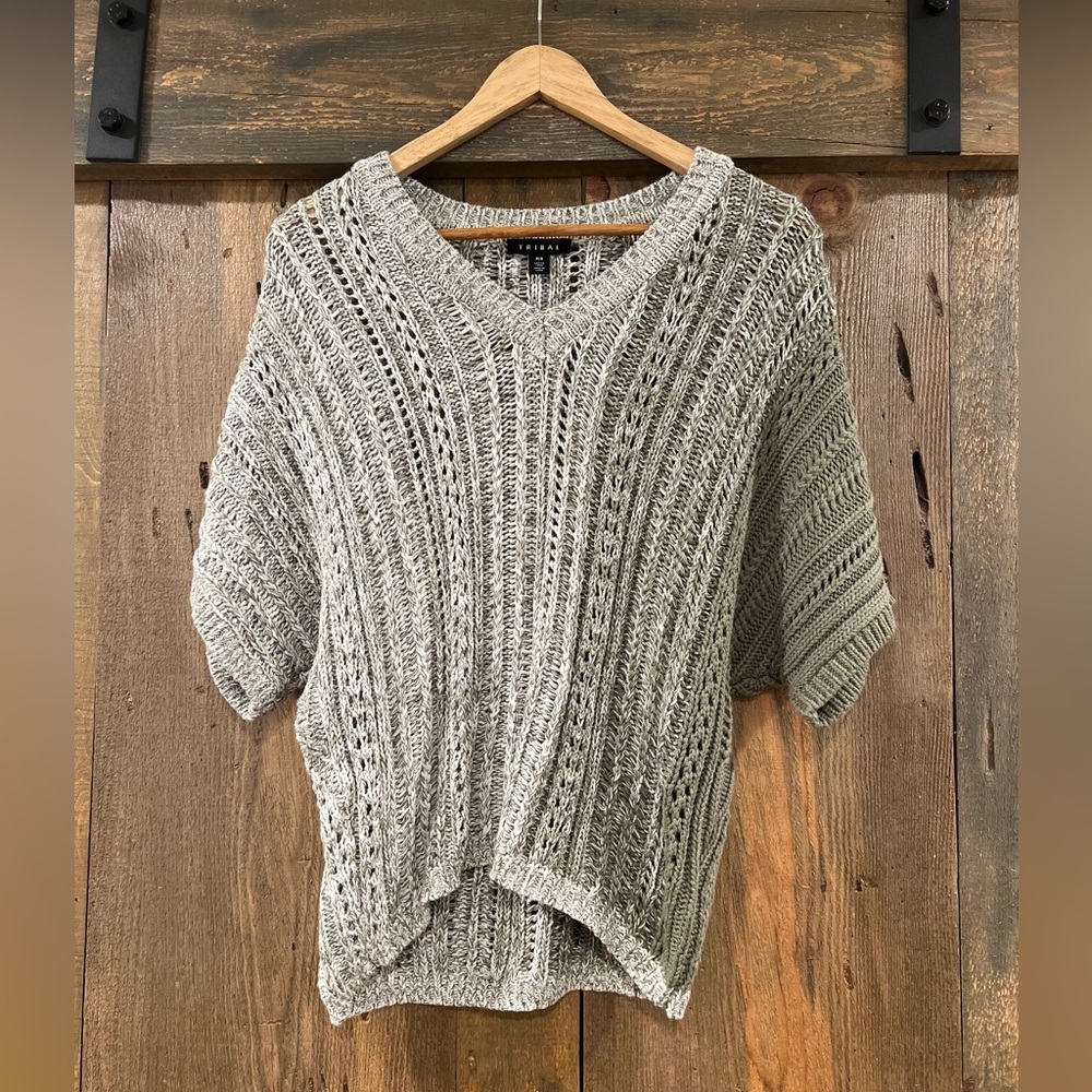 Tribal Dolman Marbled Cotton Knit Elbow Sleeve Sweater Small